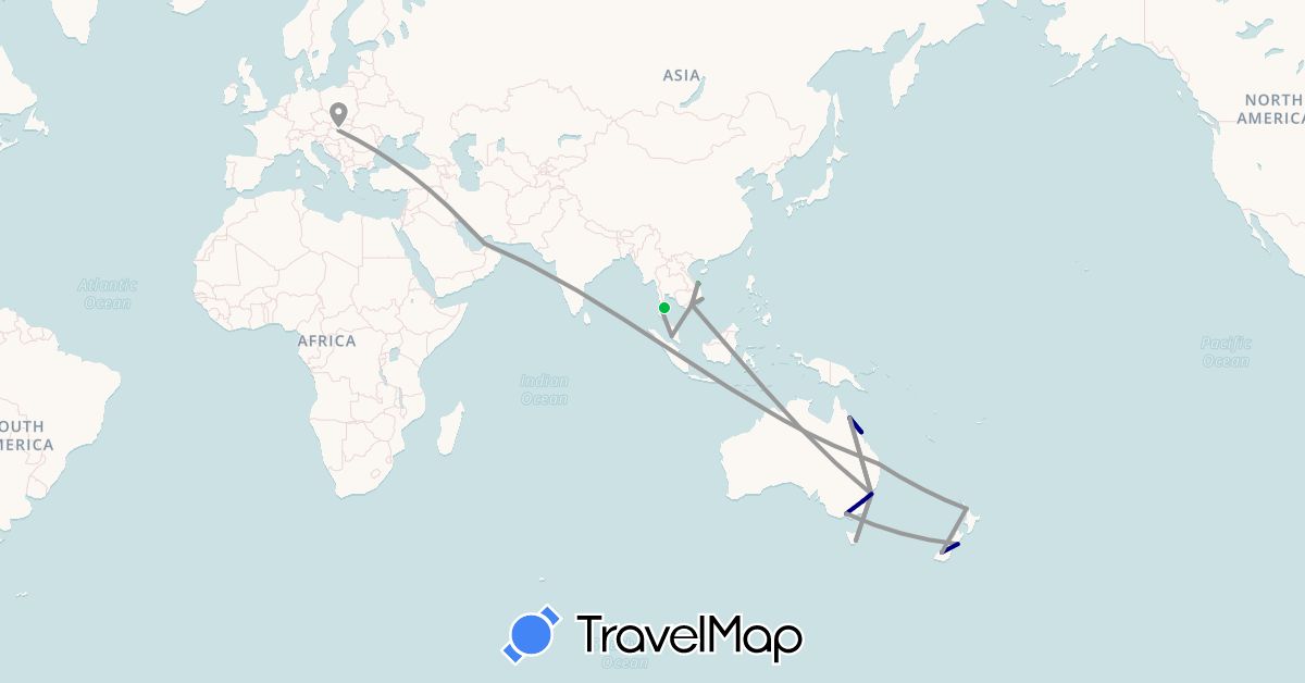 TravelMap itinerary: driving, bus, plane in United Arab Emirates, Australia, Hungary, Malaysia, New Zealand, Thailand, Vietnam (Asia, Europe, Oceania)
